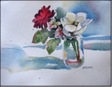 watercolor still life painting, flowers, jar